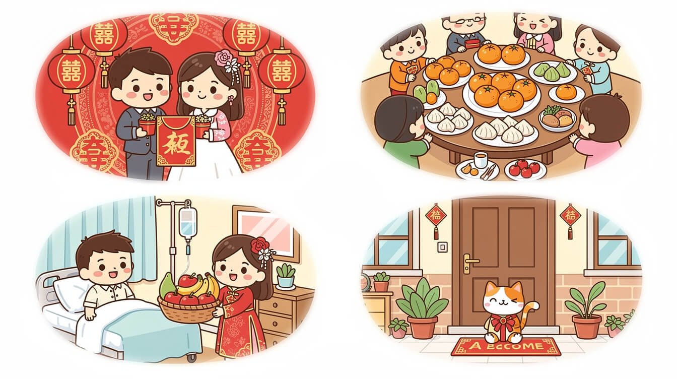 台灣節慶送禮習俗，如農曆新年、婚禮、醫院等。