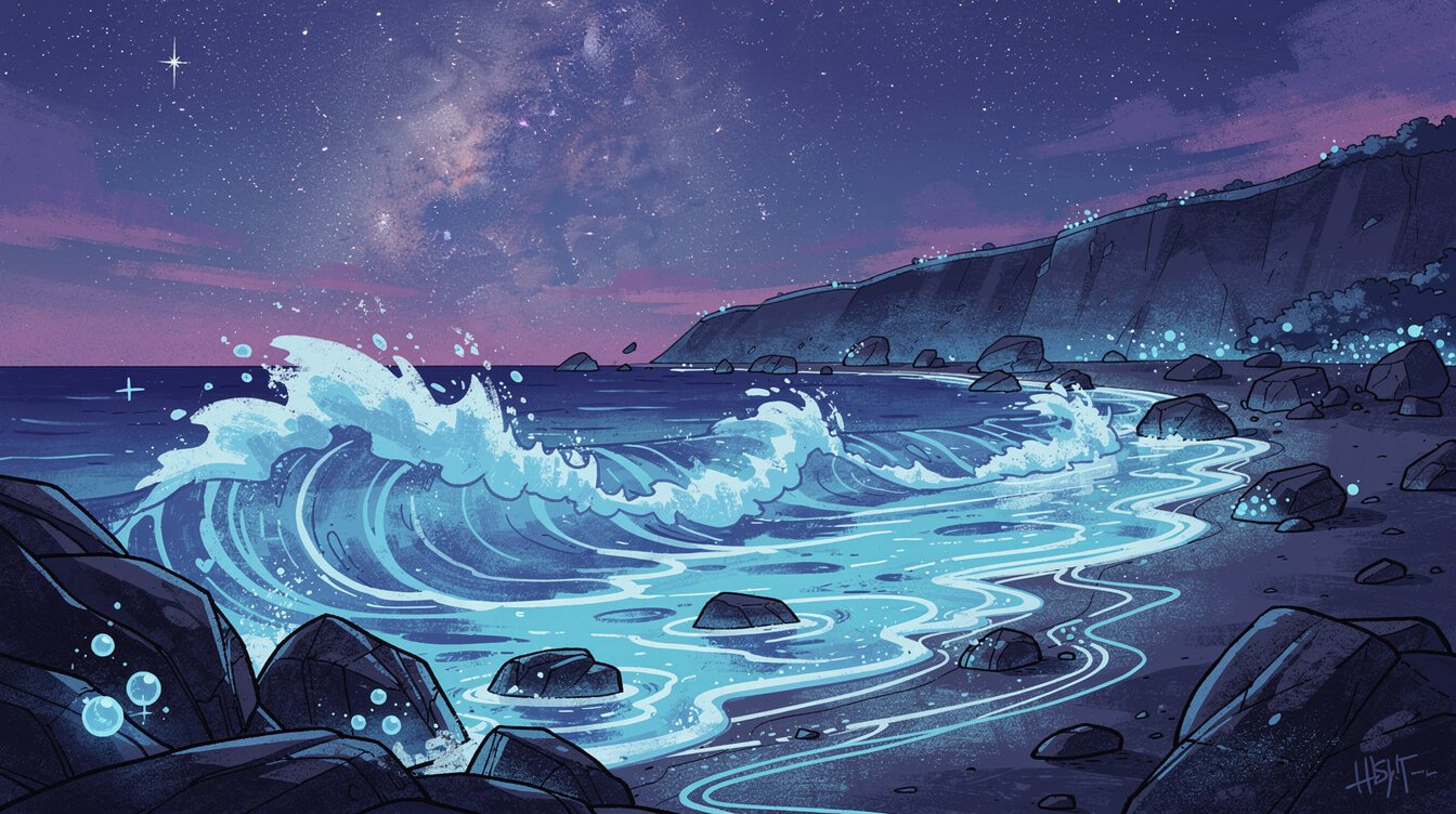 台灣午夜時分，松藍淚生物發光波浪閃耀著電光藍光。