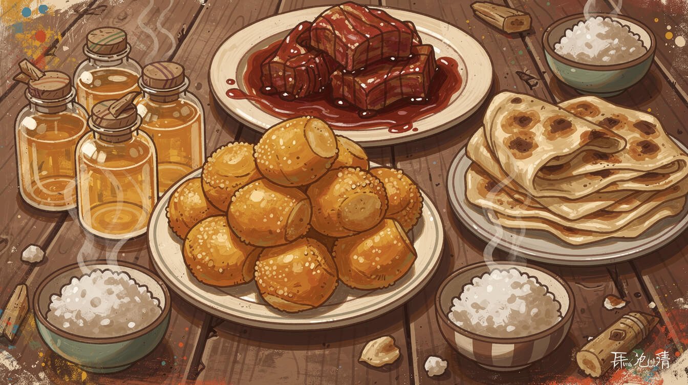 馬祖傳統特色美食包括高粱酒、老餅和紅麴肉。