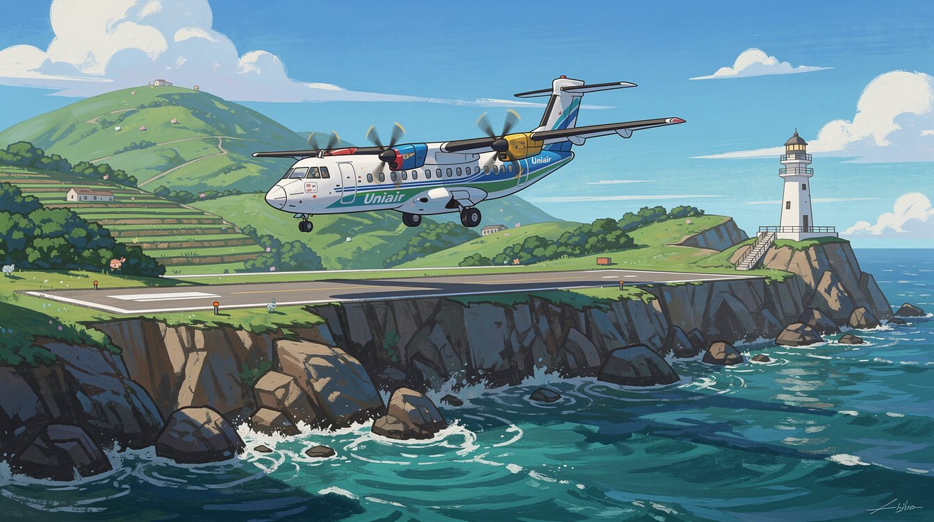 一架小型Uniair渦輪螺旋槳飛機正接近台灣馬祖南岸島的跑道。