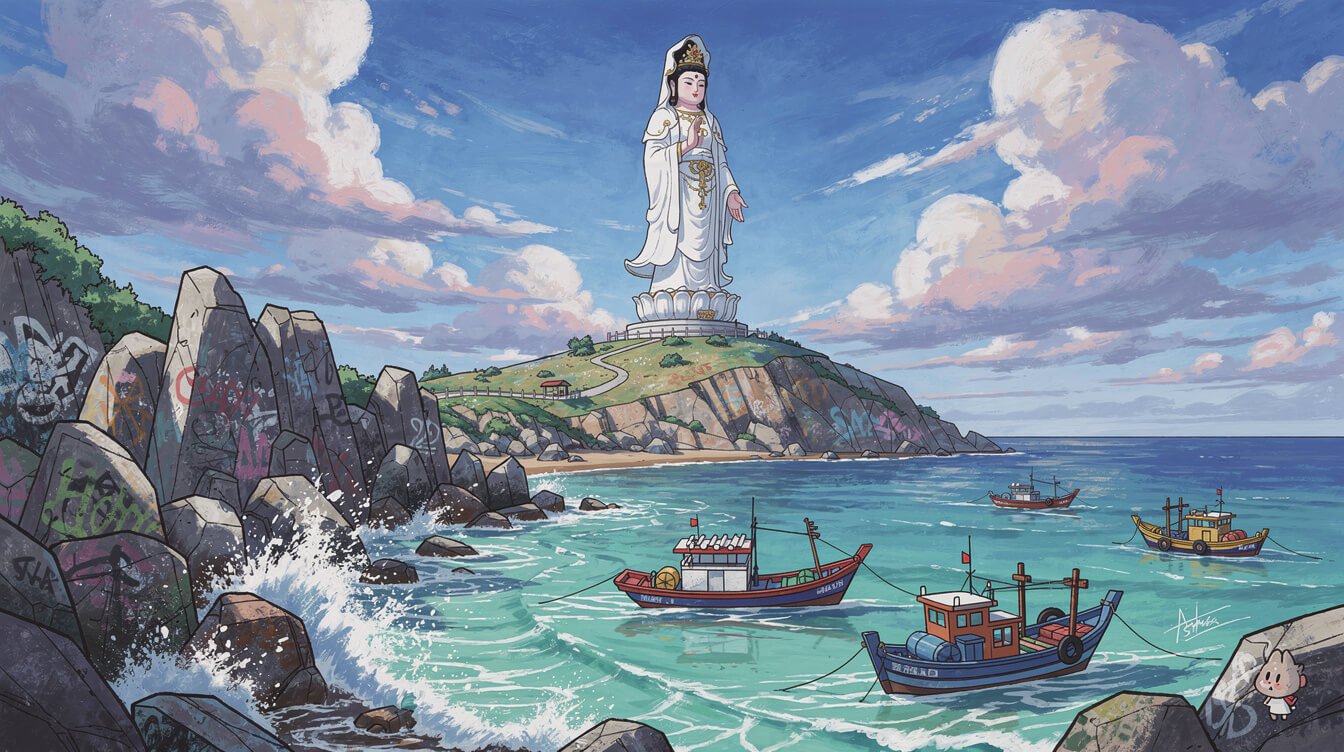 台灣媽祖群島南岸島上巨大的白色媽祖海神花崗岩雕像
