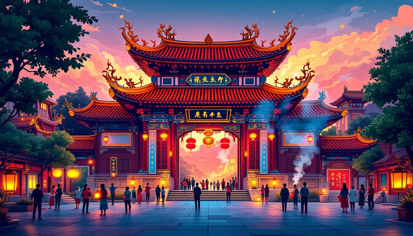 台北龍山寺紅燈籠和香燭