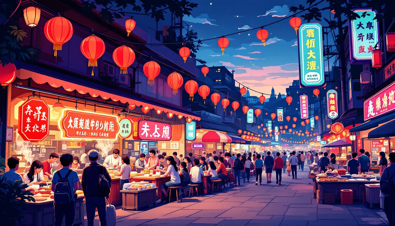 台灣夜市小吃攤和紅燈籠之旅