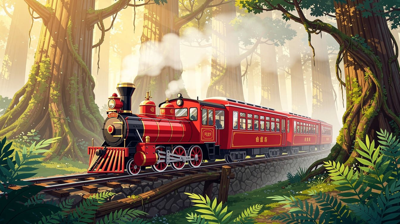 Alishan Forest Railway red train through cypress forest Taiwan