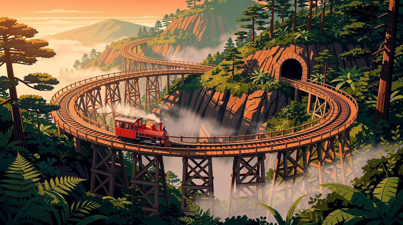 Illustrated spiral railway loop climbing Duli Shan on the Alishan Forest Railway