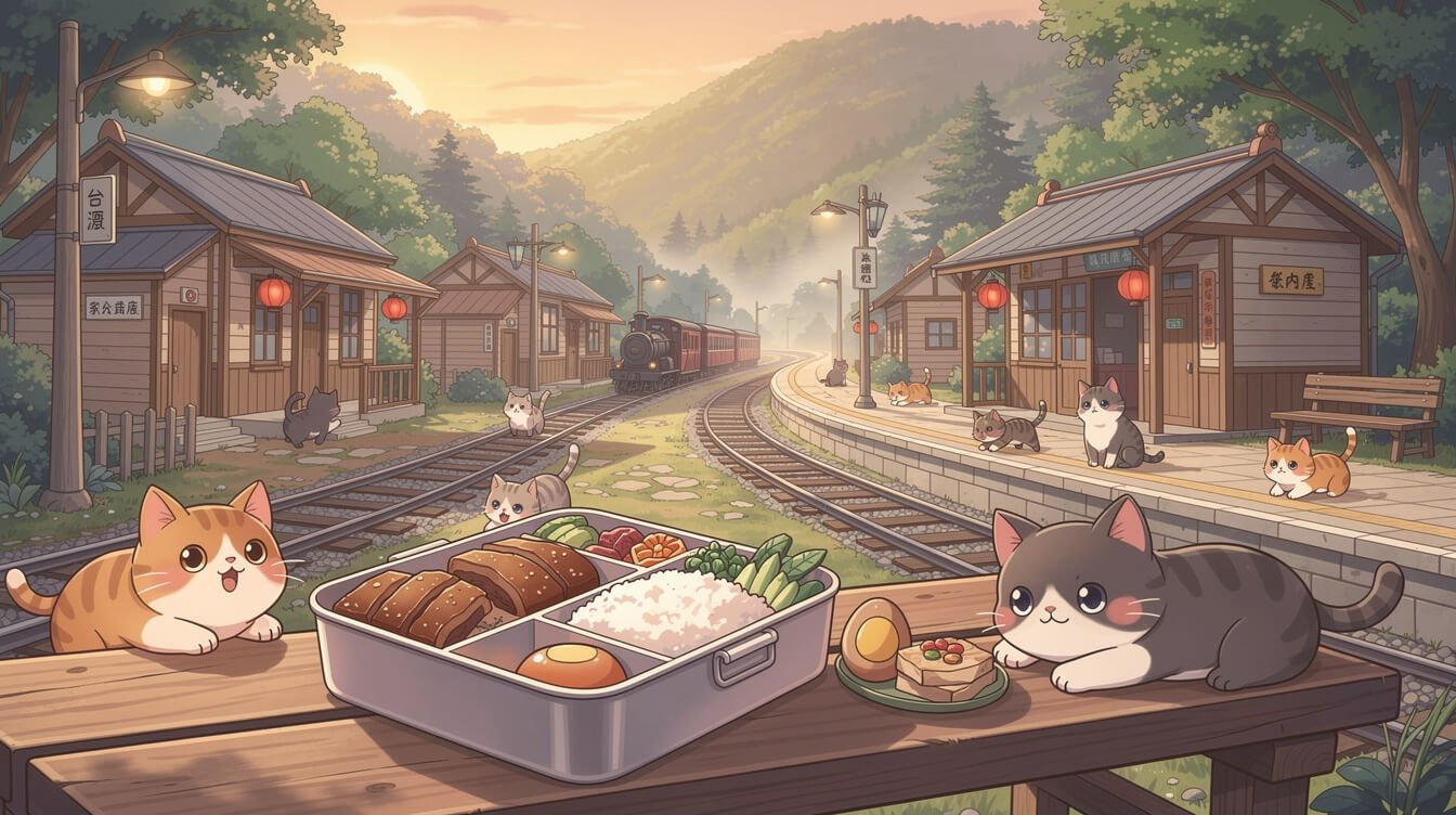 Fenqihu station and a traditional Alishan Forest Railway lunchbox