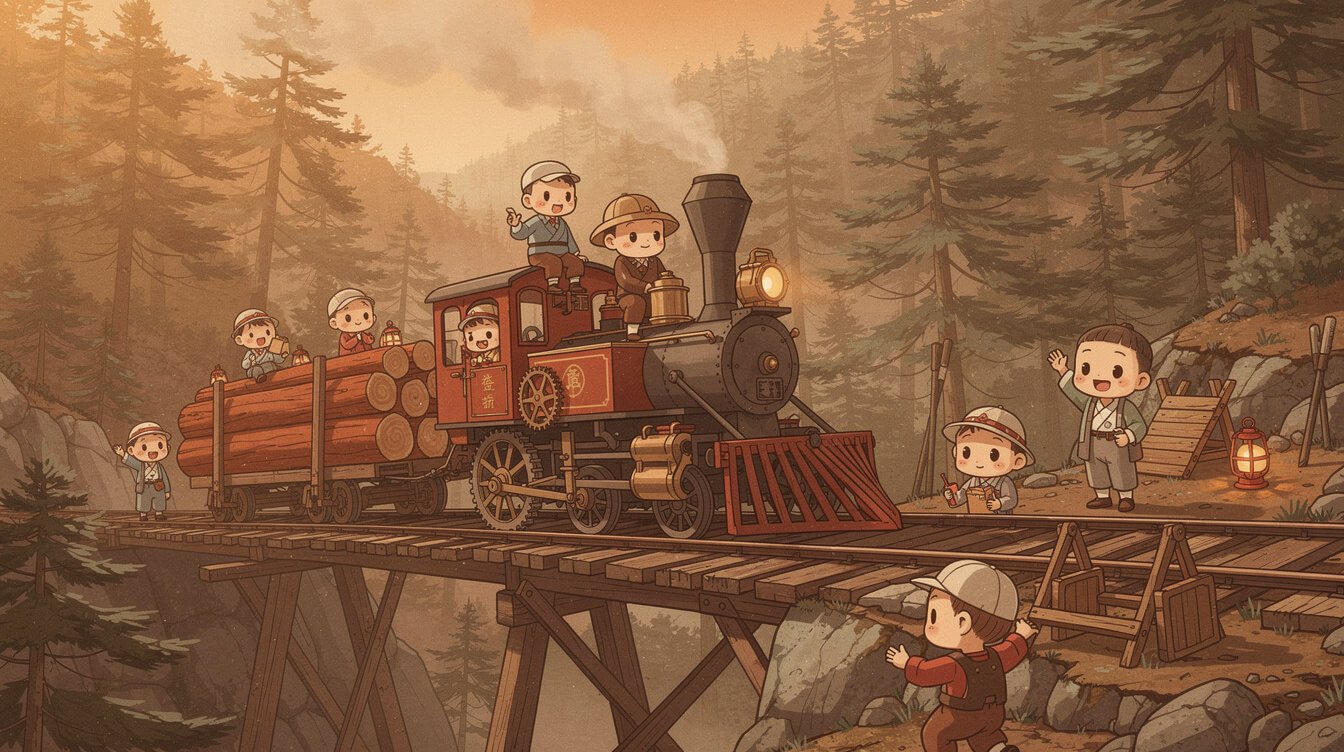 Historical Japanese-era steam locomotive on the Alishan Forest Railway hauling cypress logs