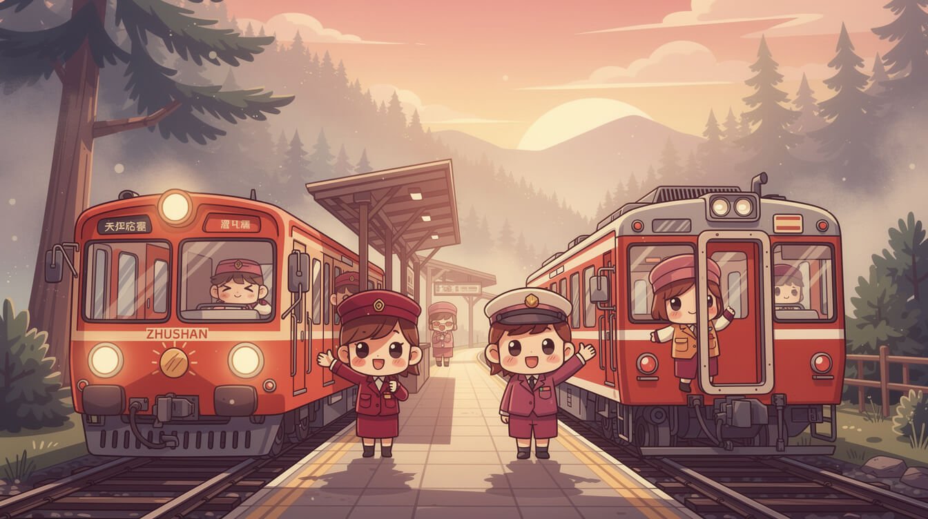 Colorful Alishan Forest Railway trains at a mountain station platform at dawn