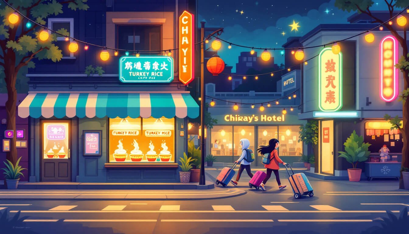 Chiayi city hotel at night with neon signs