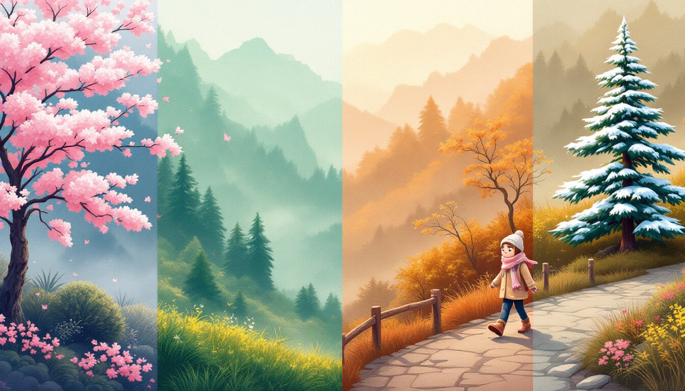 Alishan through four seasons with cherry blossoms and cypress trees