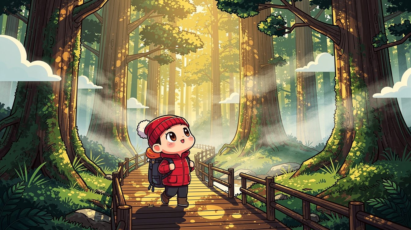 wooden boardwalk through cypress trees at Alishan National Forest Recreation Area