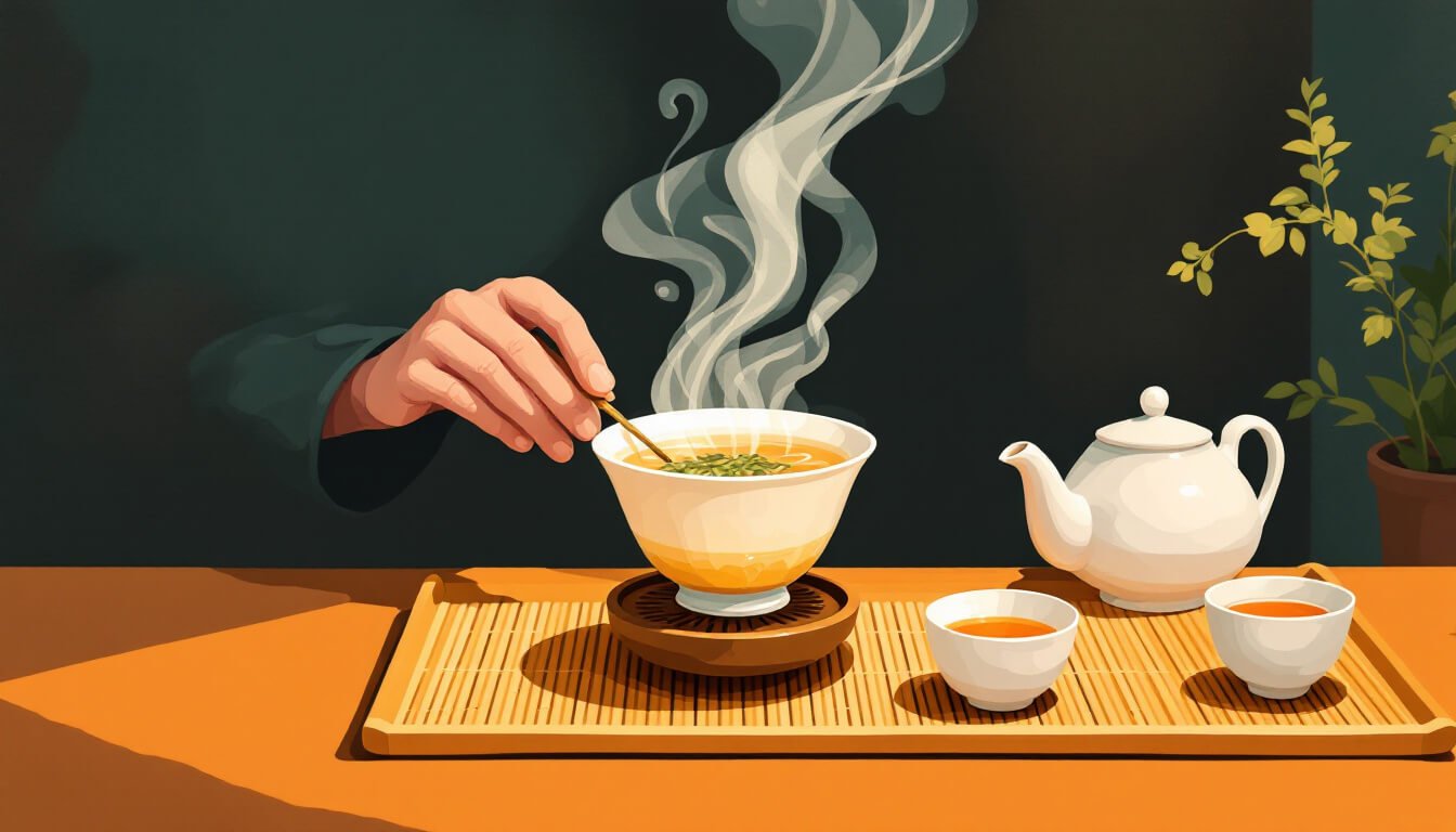 Brewing alishan oolong tea in a gaiwan with steam rising