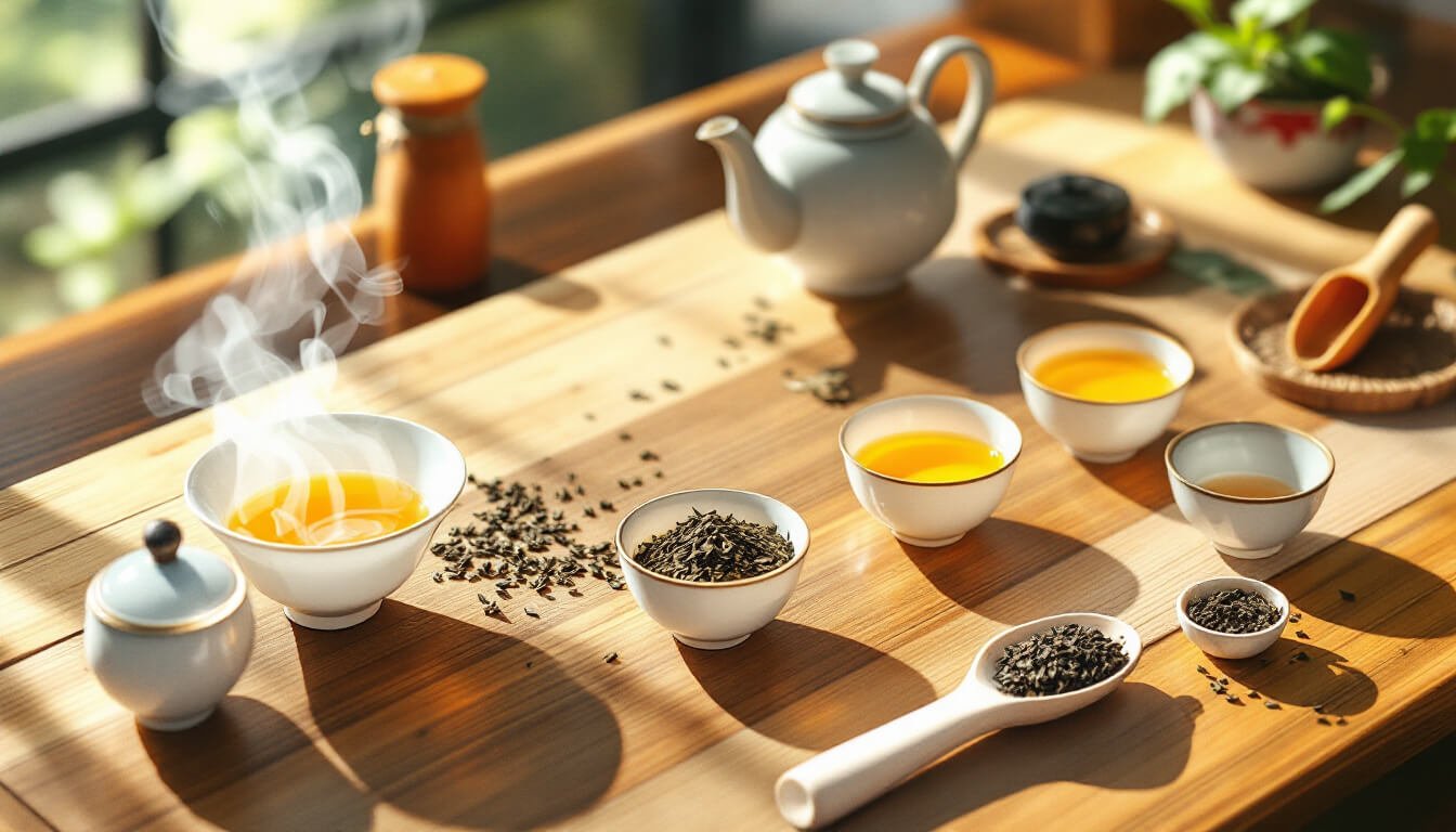 Alishan oolong tea tasting flight with gaiwan and sipping cups