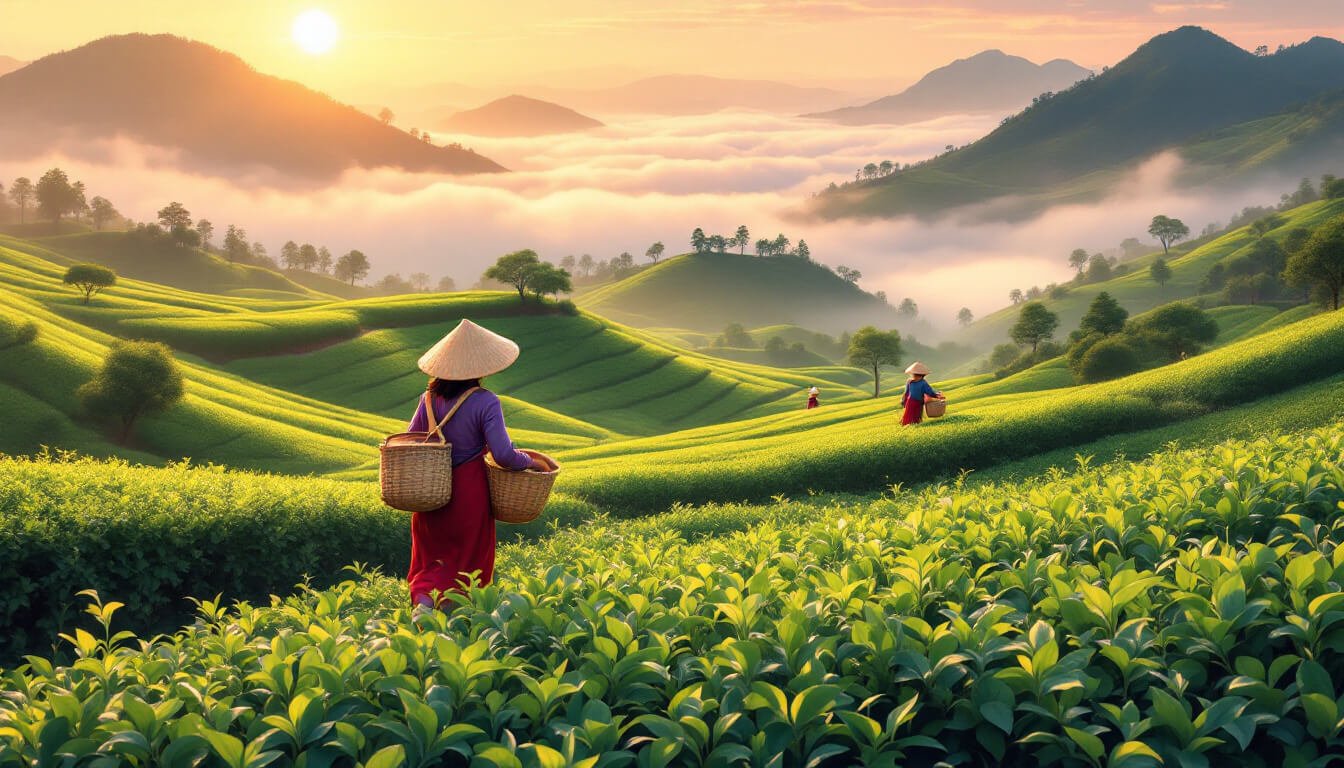 Tea pickers in Alishan oolong tea gardens at dawn