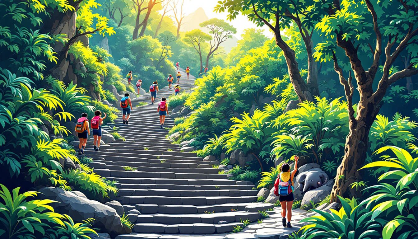 台北象山步道，陡峭的石階穿過亞熱帶森林向上攀登。
