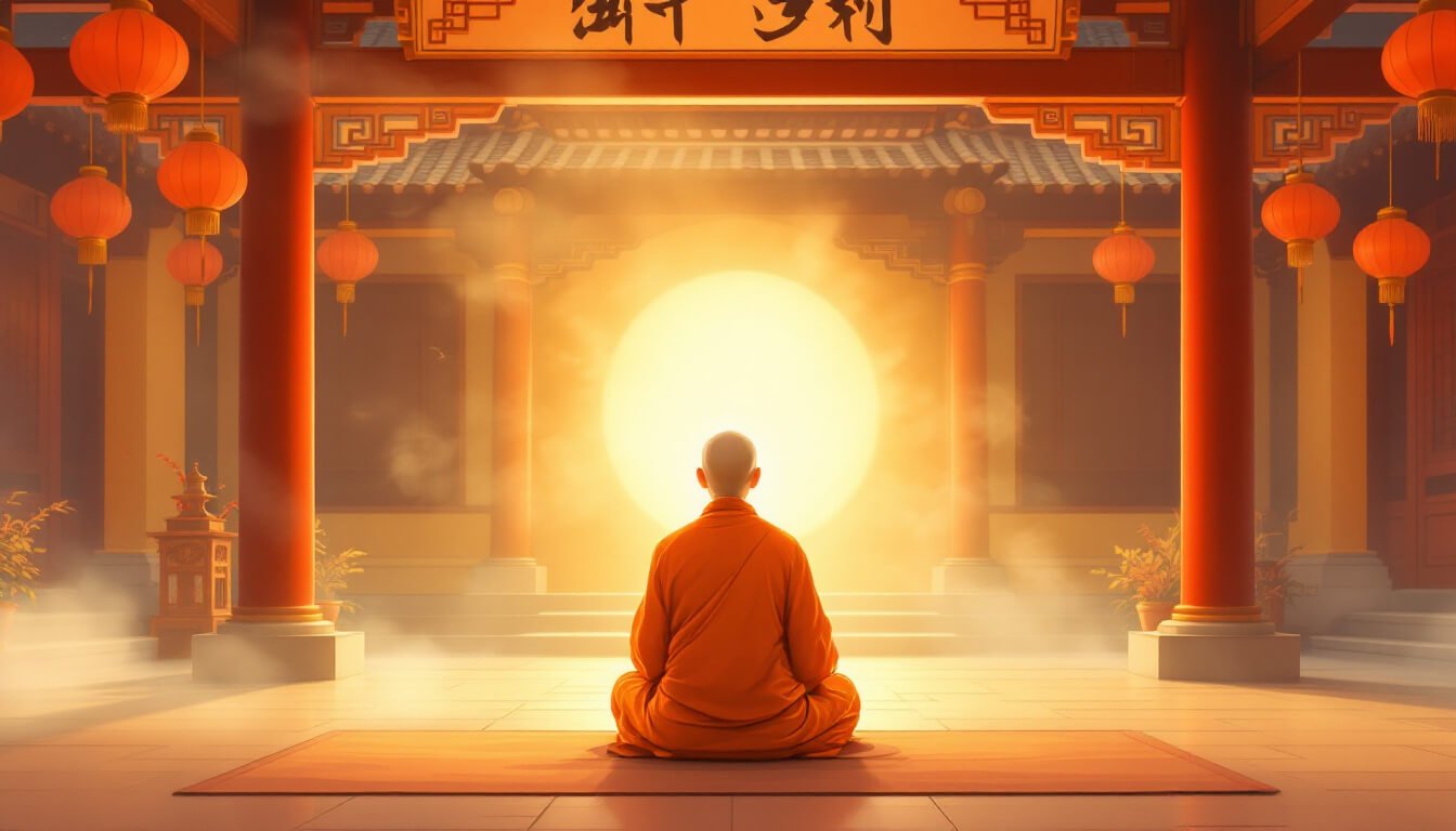 身著橙色僧袍的佛教僧侶在台灣寺廟庭院中冥想。