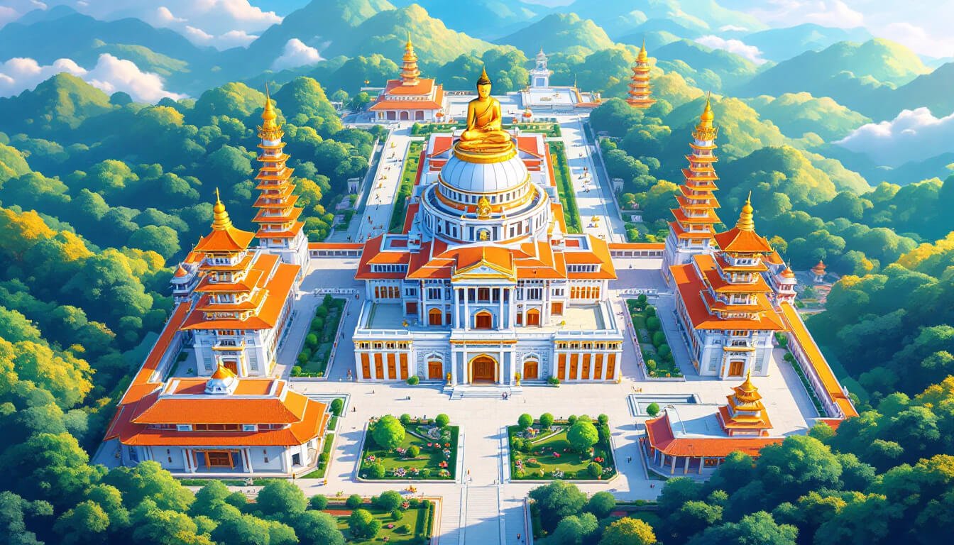 從空中俯瞰佛光山大佛博物館的佈局，可以看到八座寶塔和大佛。