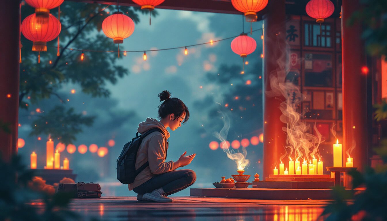 虔誠的遊客在台灣寺廟的祭壇前敬香。