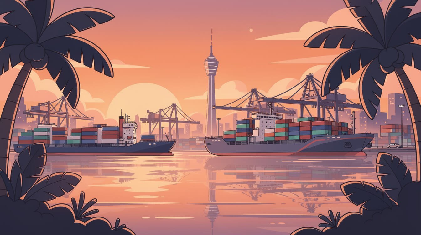 台灣高雄港口在日落時分的天際線，可見85天際大樓和貨櫃起重機。