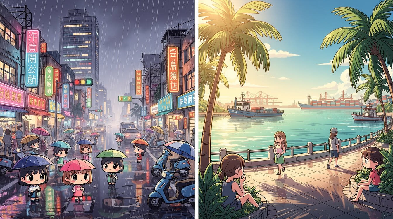 比較圖：台北雨天 vs 高雄陽光明媚 台灣南北
