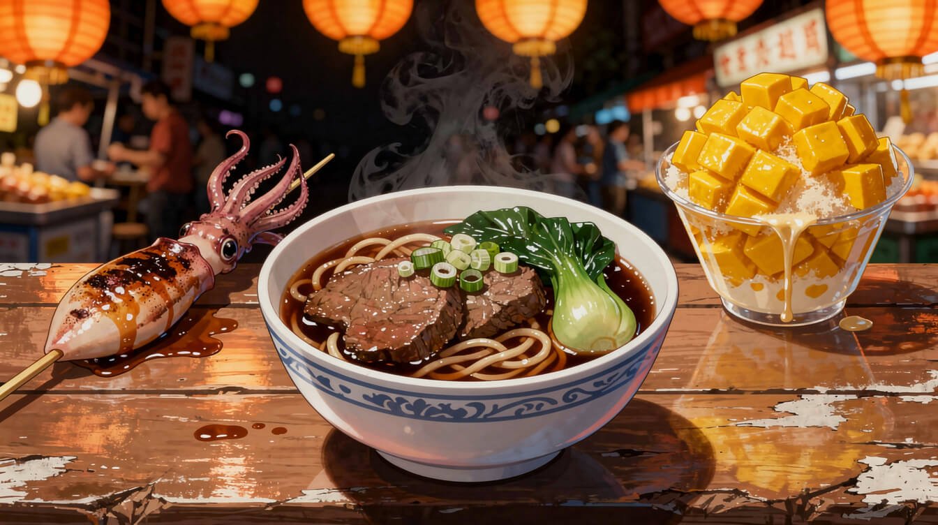 高雄牛肉麵、烤魷魚、夜市美食、台灣南部
