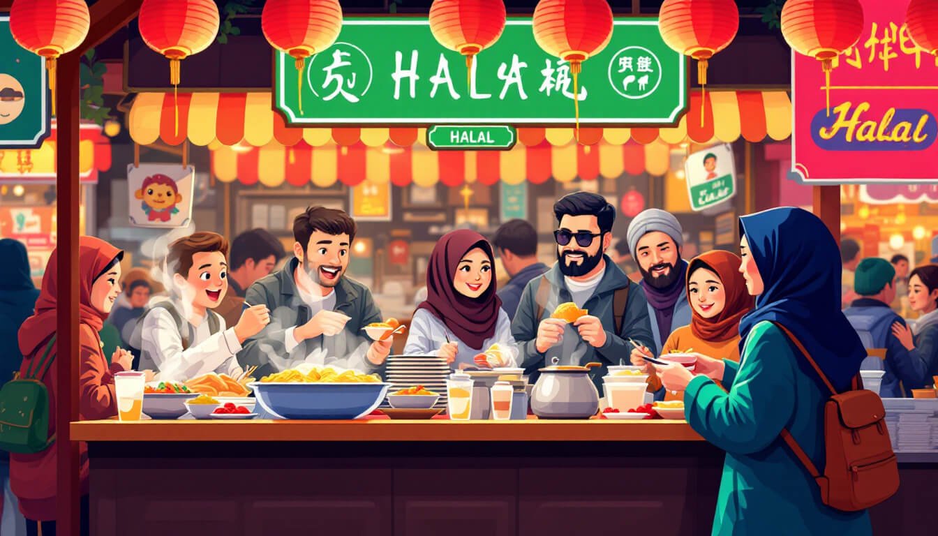 Halal-certified food stall at Liuhe night market Kaohsiung with green certification sign