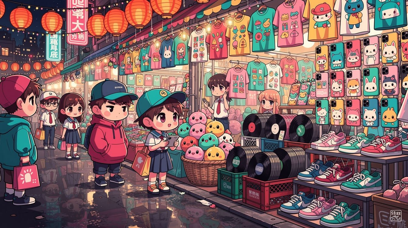 Illustration of Taipei night market non-food stalls with graphic tees phone cases boba plushies and vintage finds