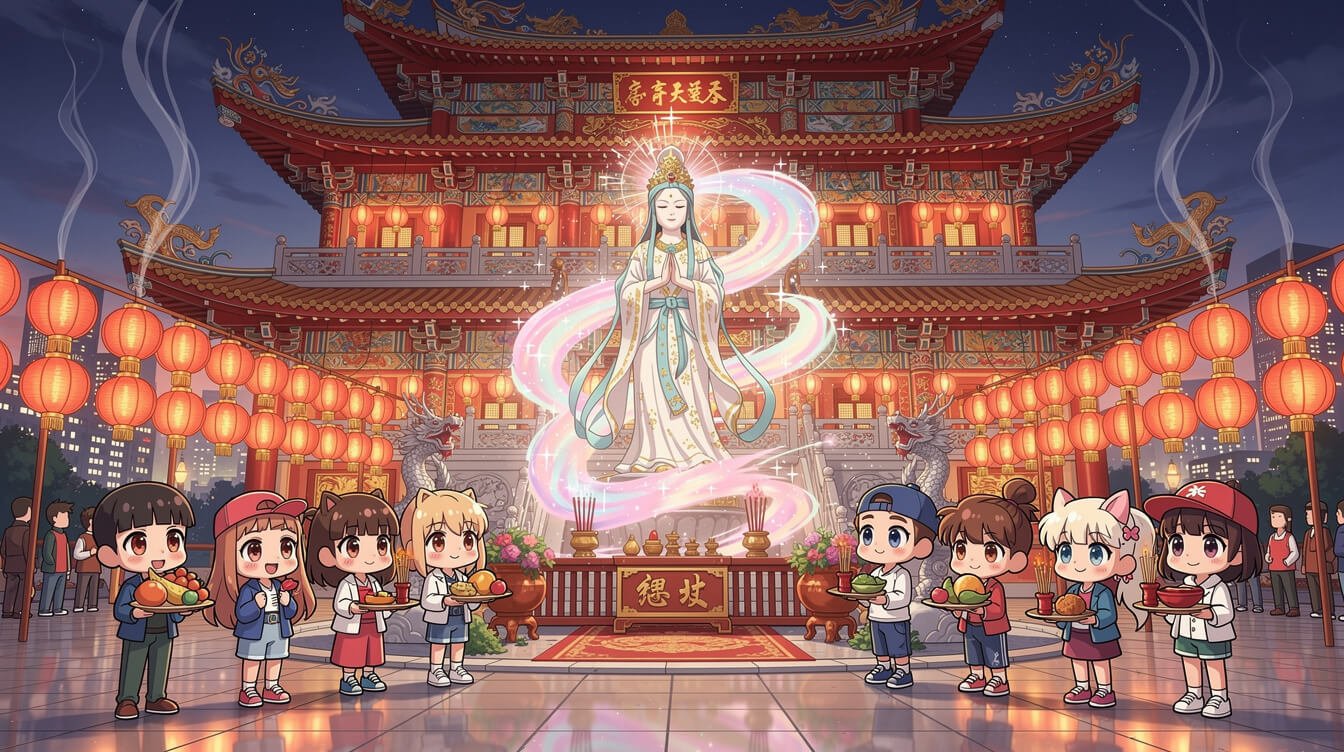 Ornate red Songshan Ciyou Temple with Mazu goddess statue and glowing red paper lanterns at night
