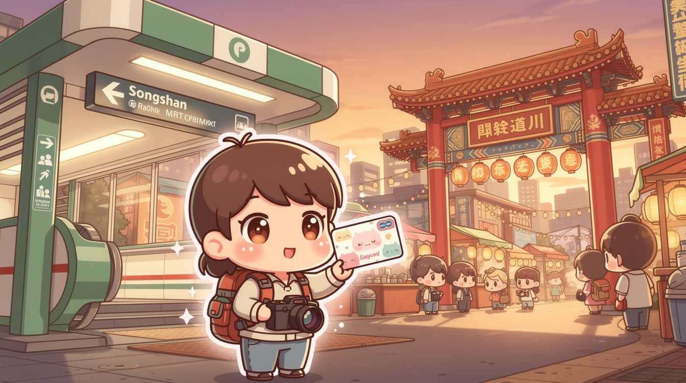 Illustration of Songshan MRT station exit with EasyCard tourist and Raohe Night Market red gate