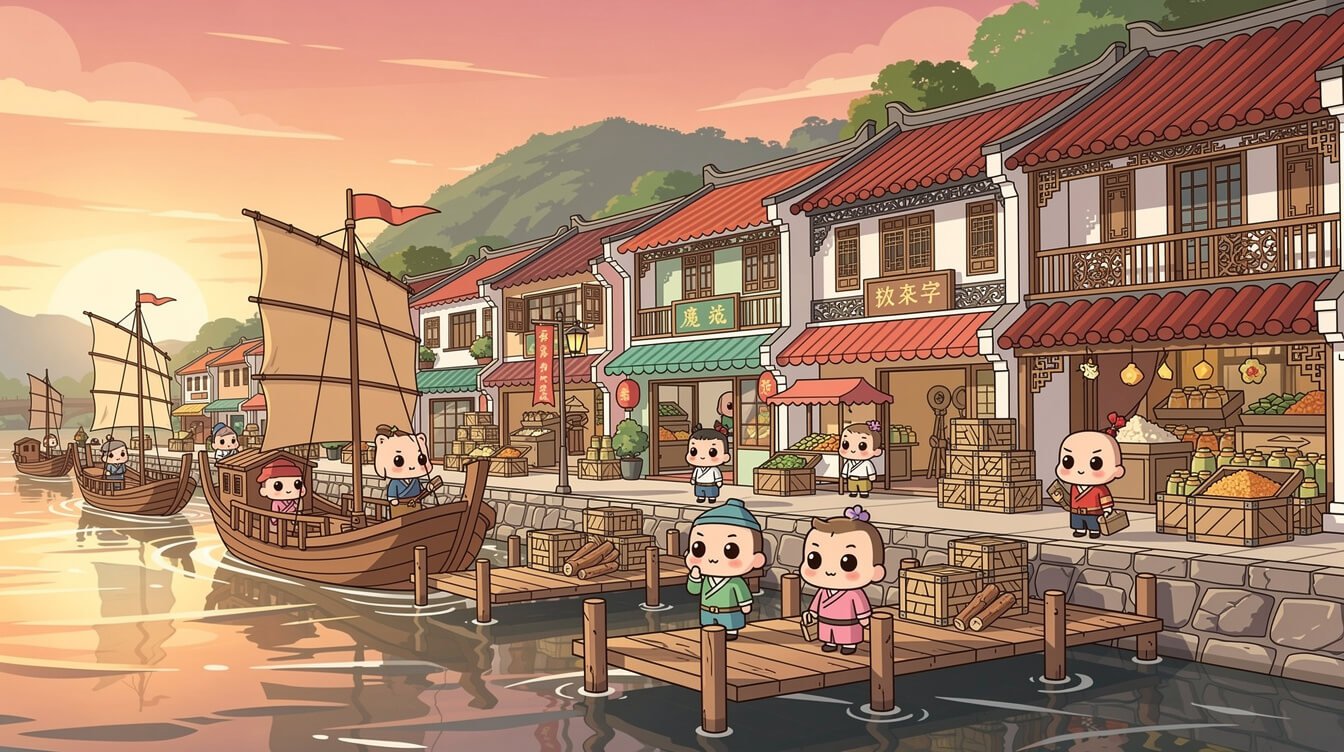 Vibrant illustration of Songshan district as a Qing-dynasty river port with wooden junks docked on the Keelung River
