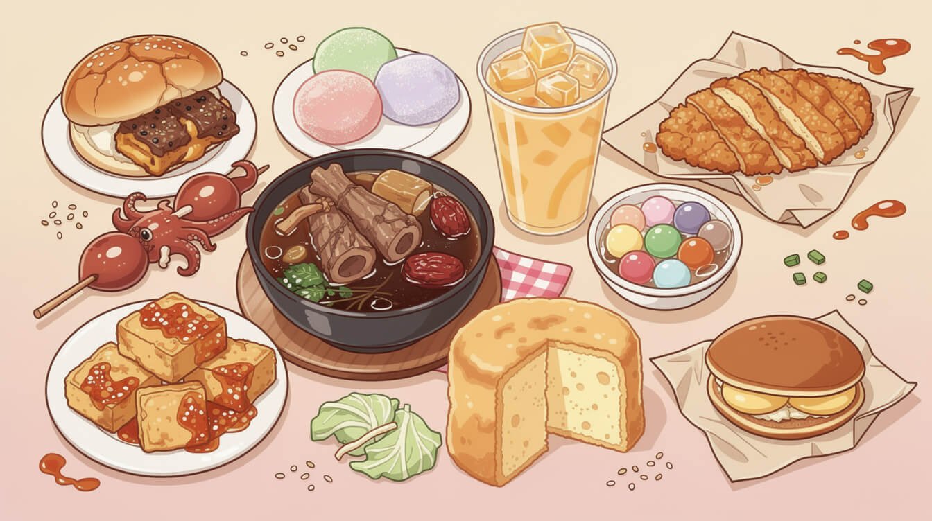 raohe night market taiwan top-down illustration of ten iconic street foods including pepper buns grilled squid and stinky tofu