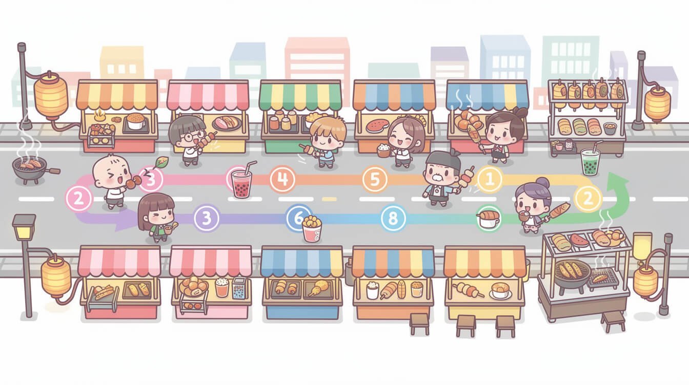 Kawaii infographic walking route map of Raohe Night Market single lane with numbered stops
