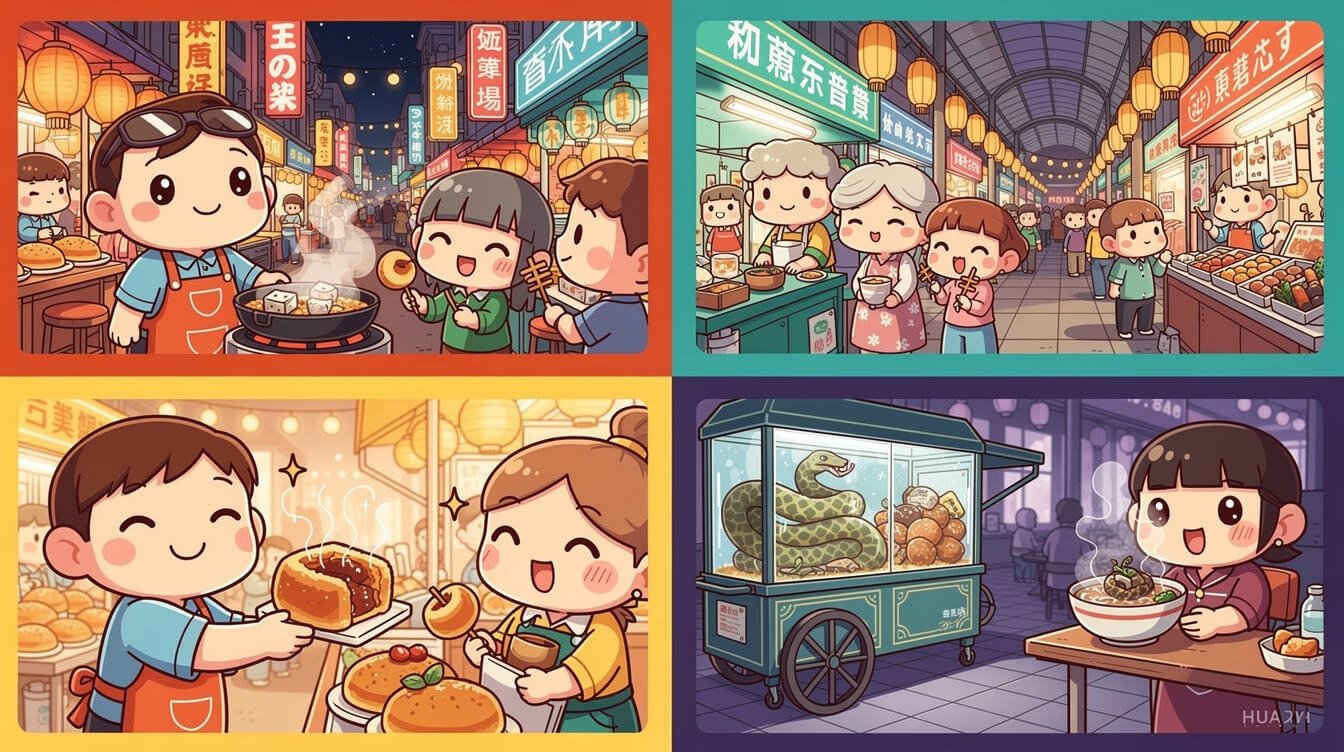 Four-panel comparison illustration of Raohe Shilin Ningxia and Huaxi Taipei night markets