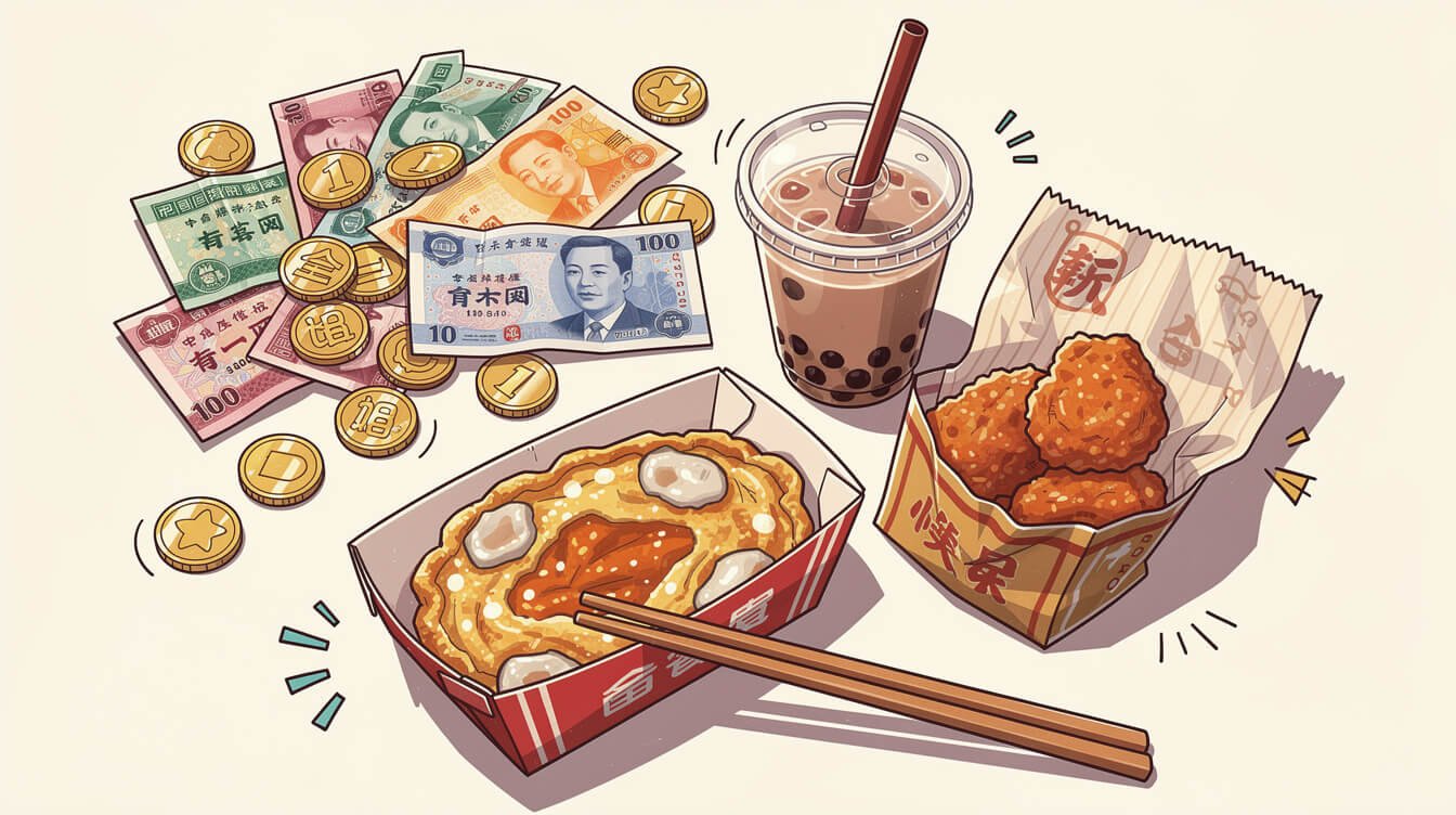 New Taiwan Dollar money and street food at shilin night market taiwan