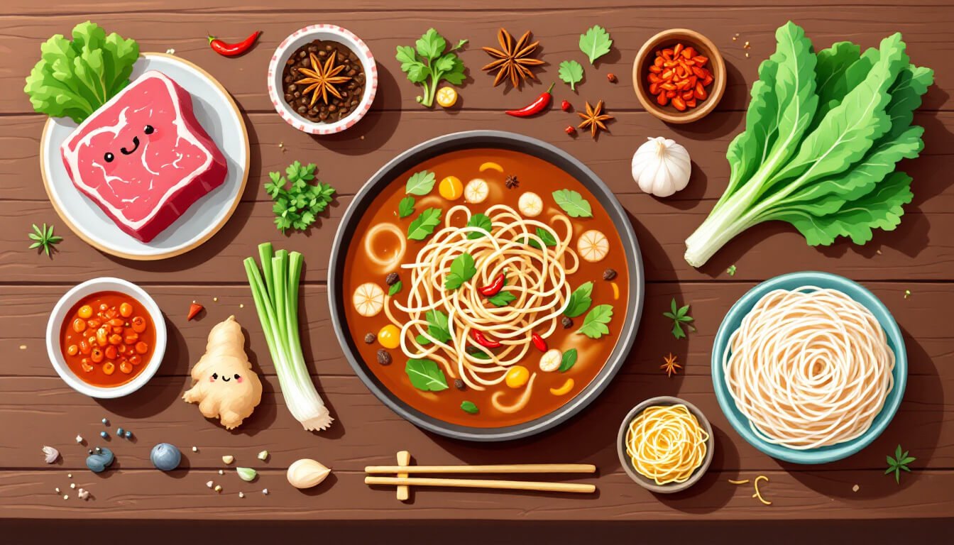 Taiwan beef noodle soup ingredients flat-lay