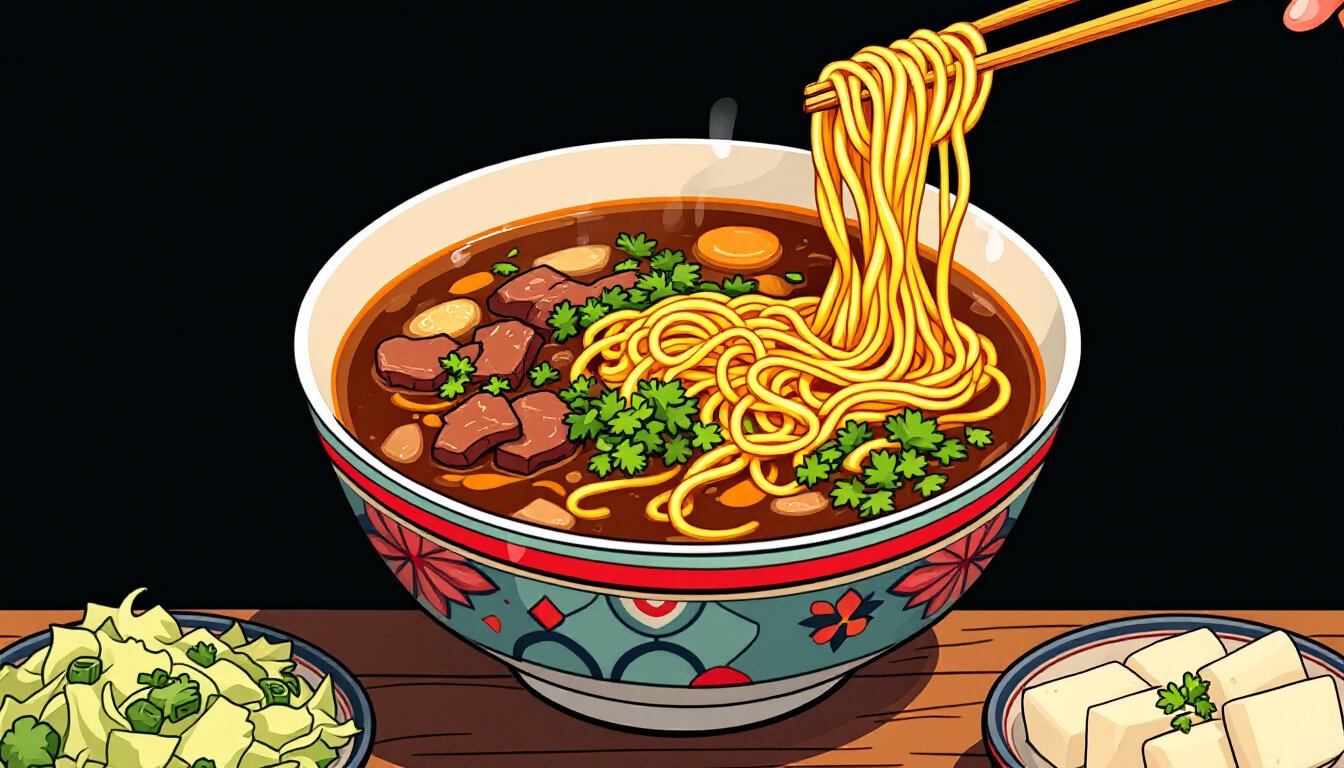 Taiwan beef noodle soup served with side dishes