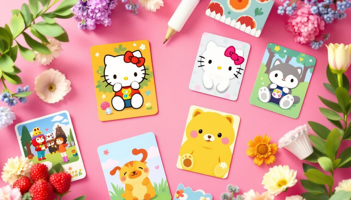 Flat lay of collectible character EasyCards with kawaii designs