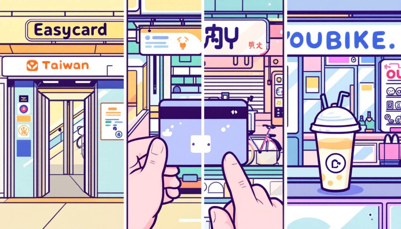 EasyCard being tapped at MRT gate, YouBike station, and 7-Eleven counter