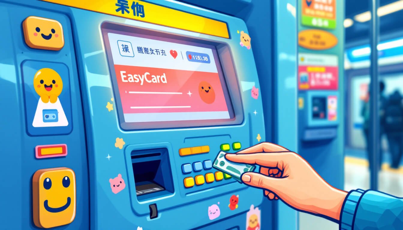 Hand feeding cash into an EasyCard recharge kiosk at Taipei MRT