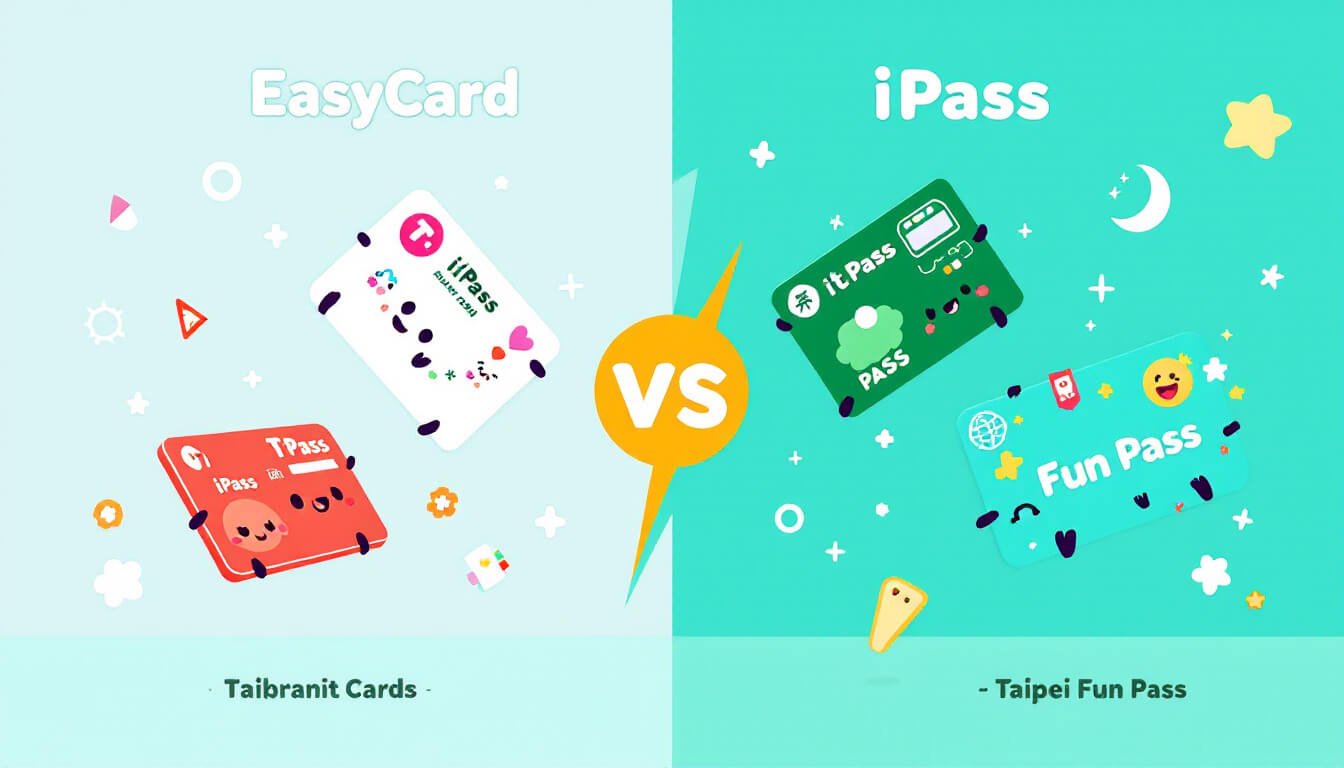 Comparison of EasyCard, iPass, TPass, and Taipei Fun Pass with mascot illustrations