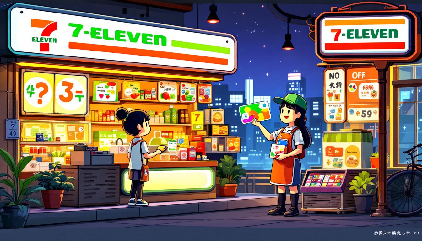 Illustrated 7-Eleven storefront in Taipei with EasyCard purchase