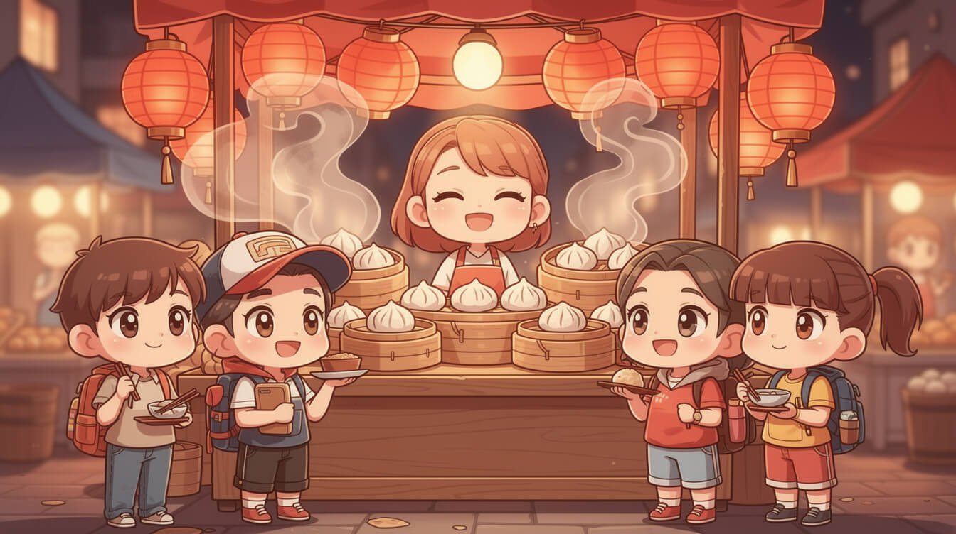 Taiwan night market food stall with steaming dumplings