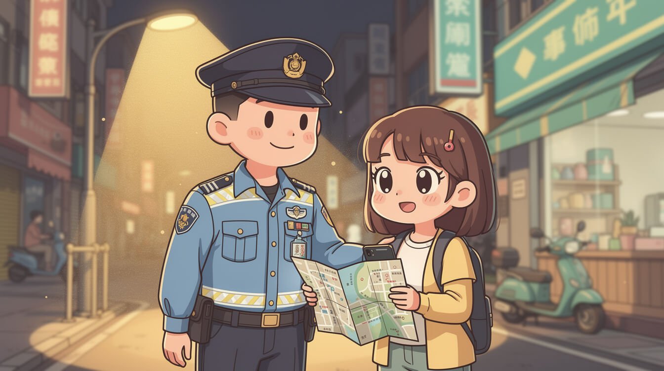 Taiwan police officer helping tourist