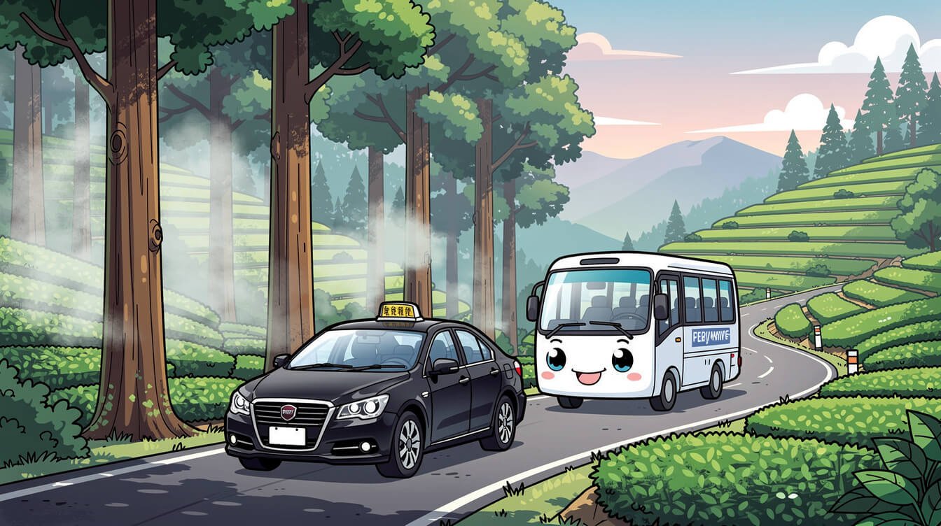 前往阿里山的山路上,有專車和旅遊麵包車接送。
