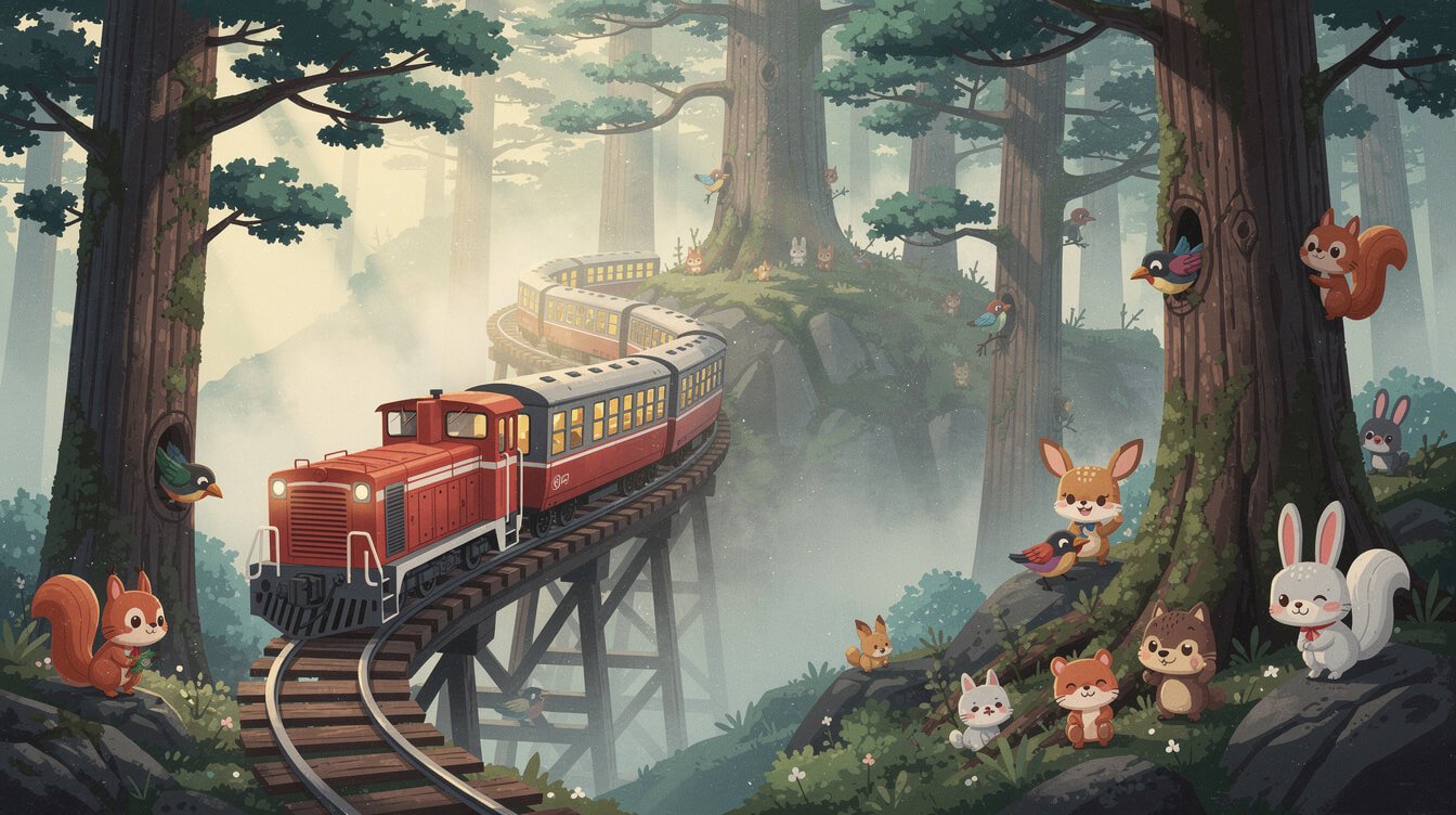 歷史悠久的阿里山森林鐵路紅色機車正穿過柏樹林。