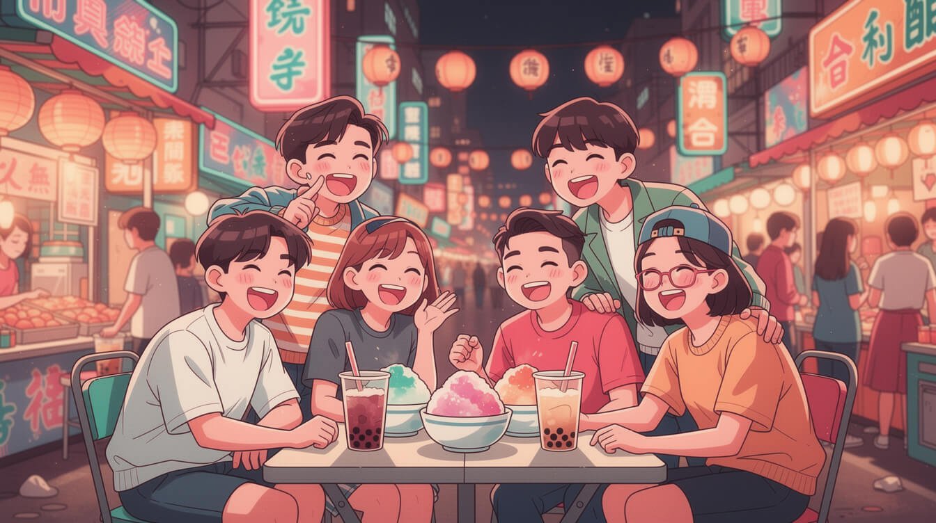 Taiwan night market group of friends laughing
