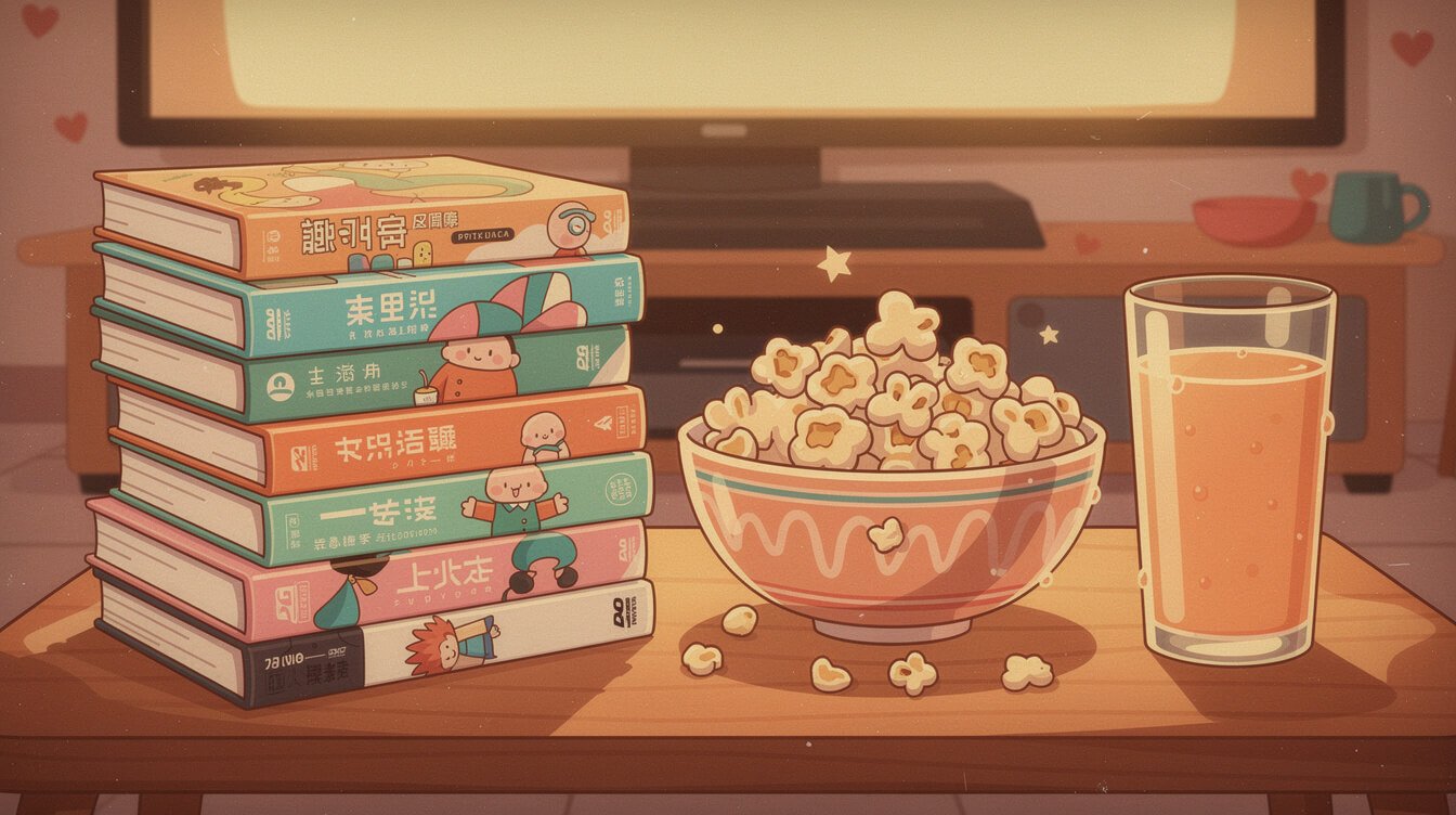 Taiwan cinema stack of DVDs with popcorn