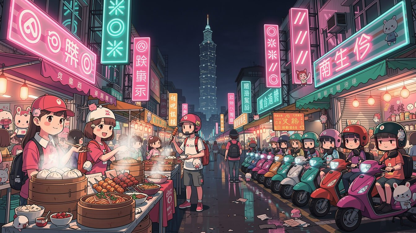 Taipei street scene with neon signs and Taipei 101