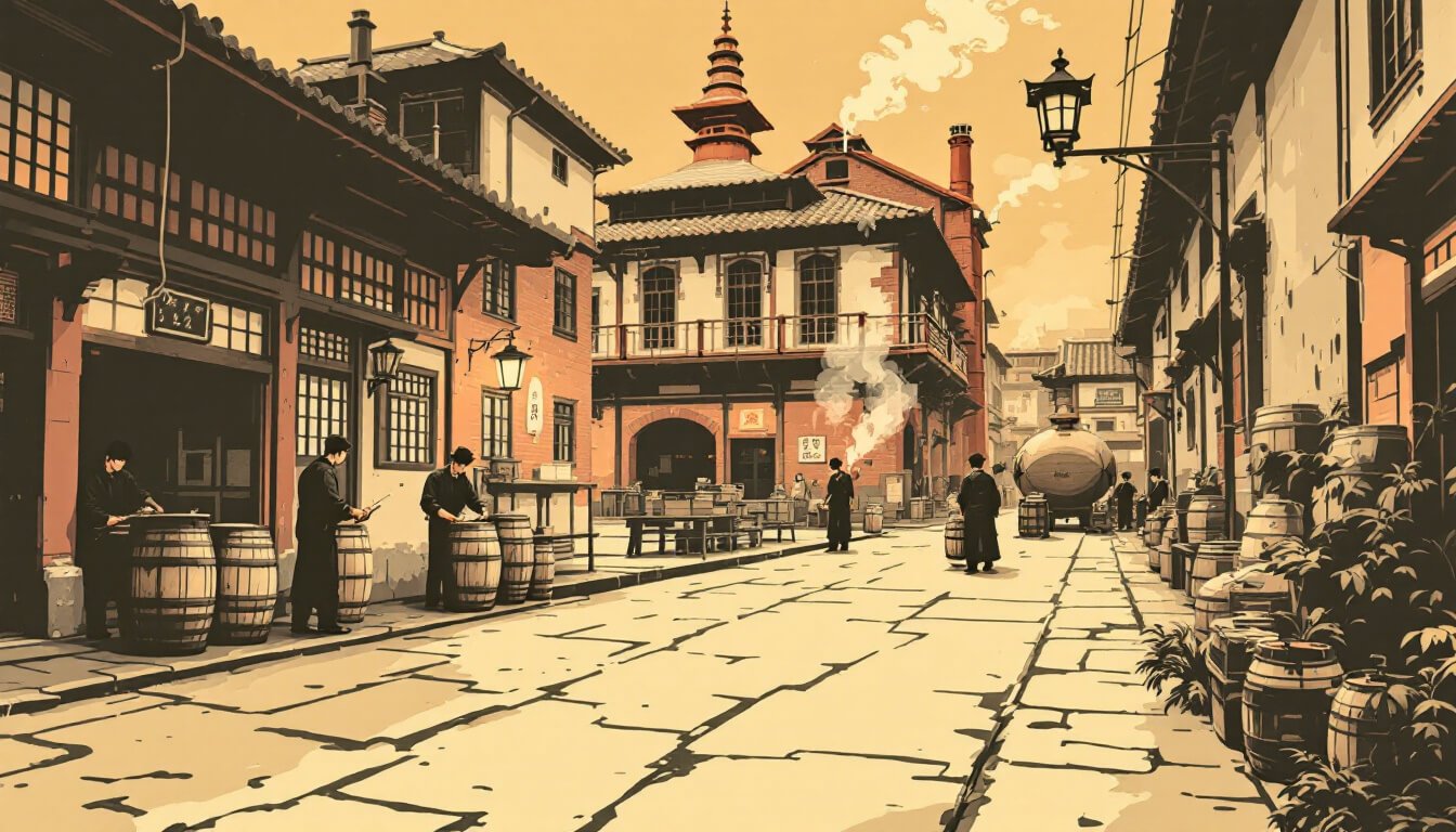 Sepia illustration of the original 1914 Huashan sake distillery workers