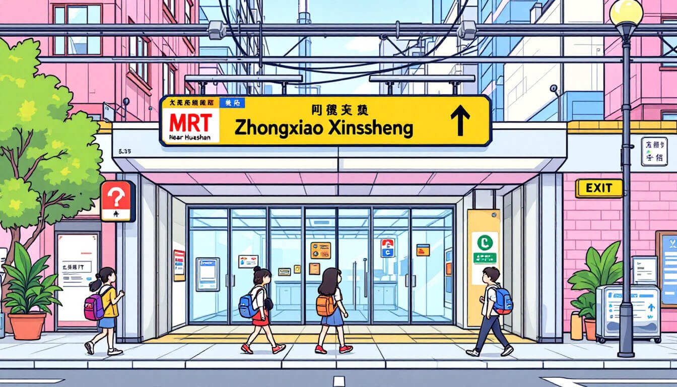 Kawaii illustration of travelers at Zhongxiao Xinsheng MRT exit near Huashan